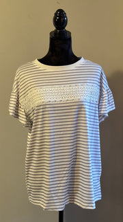 Grey Stripped Lace Ruffles Sleeve Top