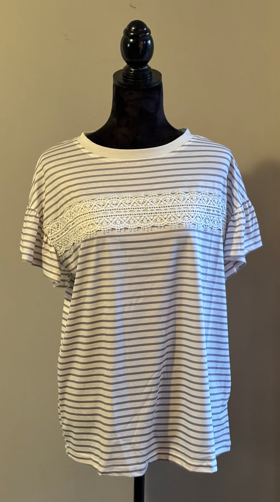 Grey Stripped Lace Ruffles Sleeve Top